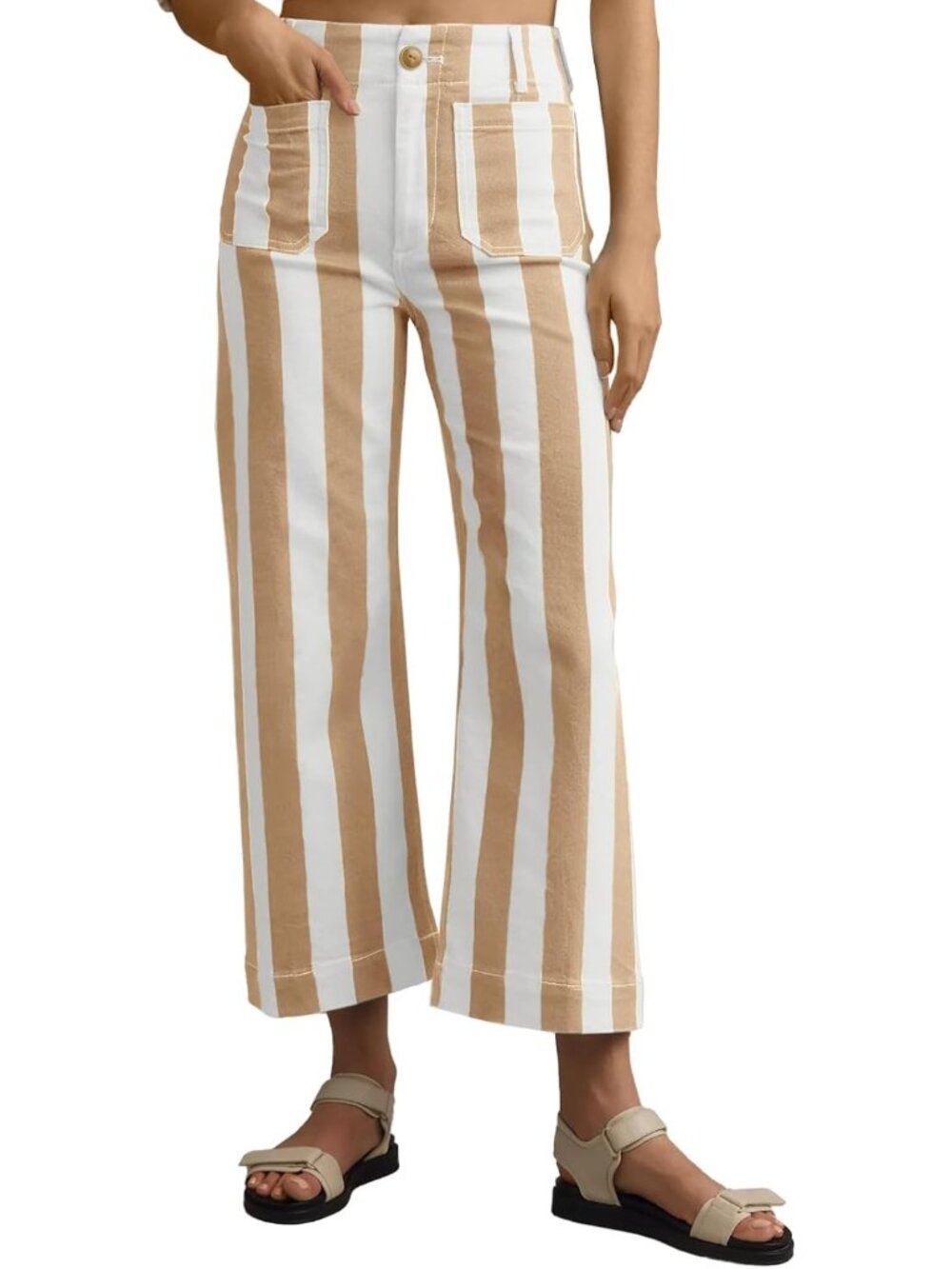 Women's Khaki Cropped Striped Jeans High Waisted Wide Leg Denim Pants